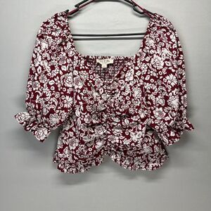 No Frills Los Angeles Cotton Floral Ruched Puff Sleeve Crop Top Burgundy White L